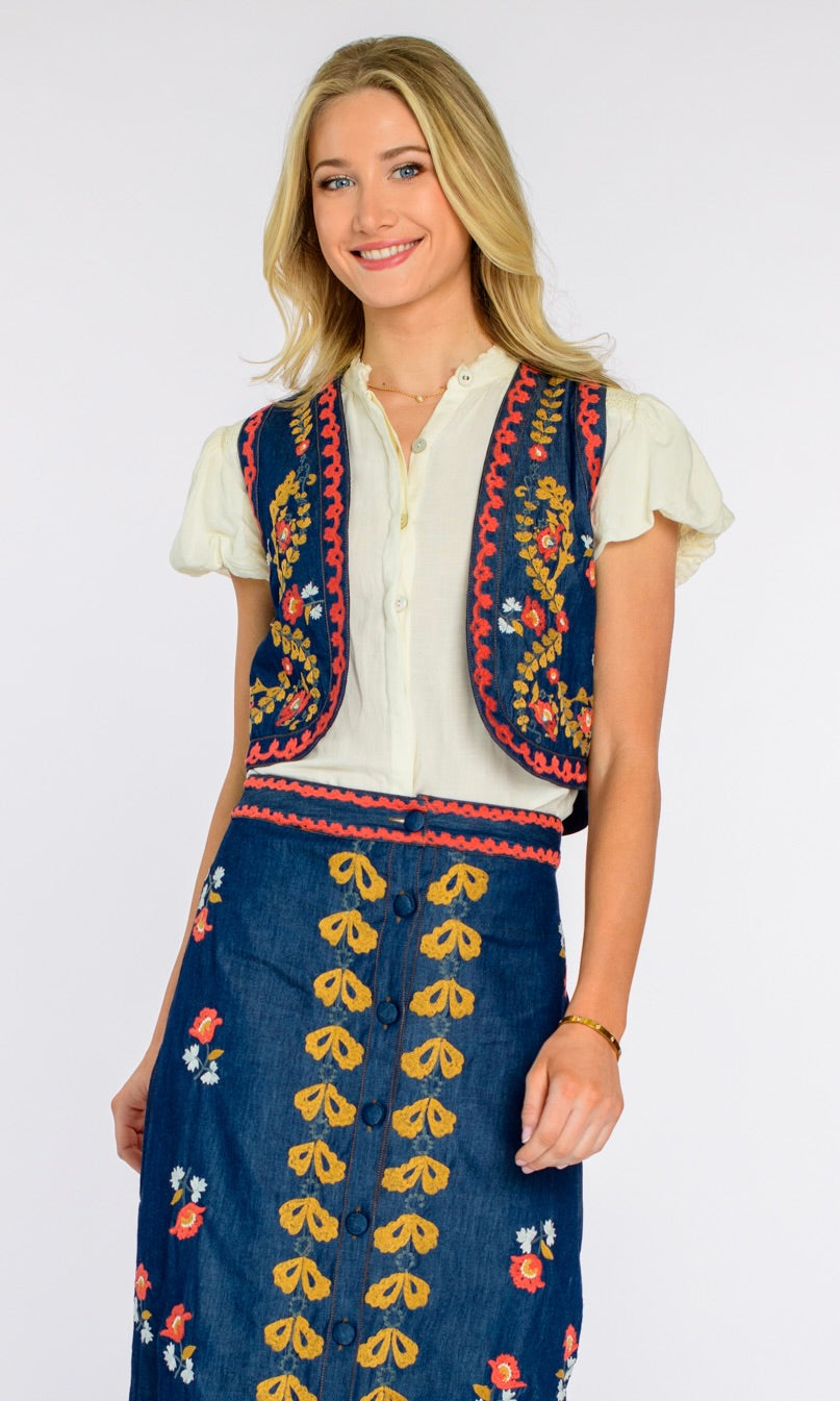 Kit Vest in Denim Embroidery