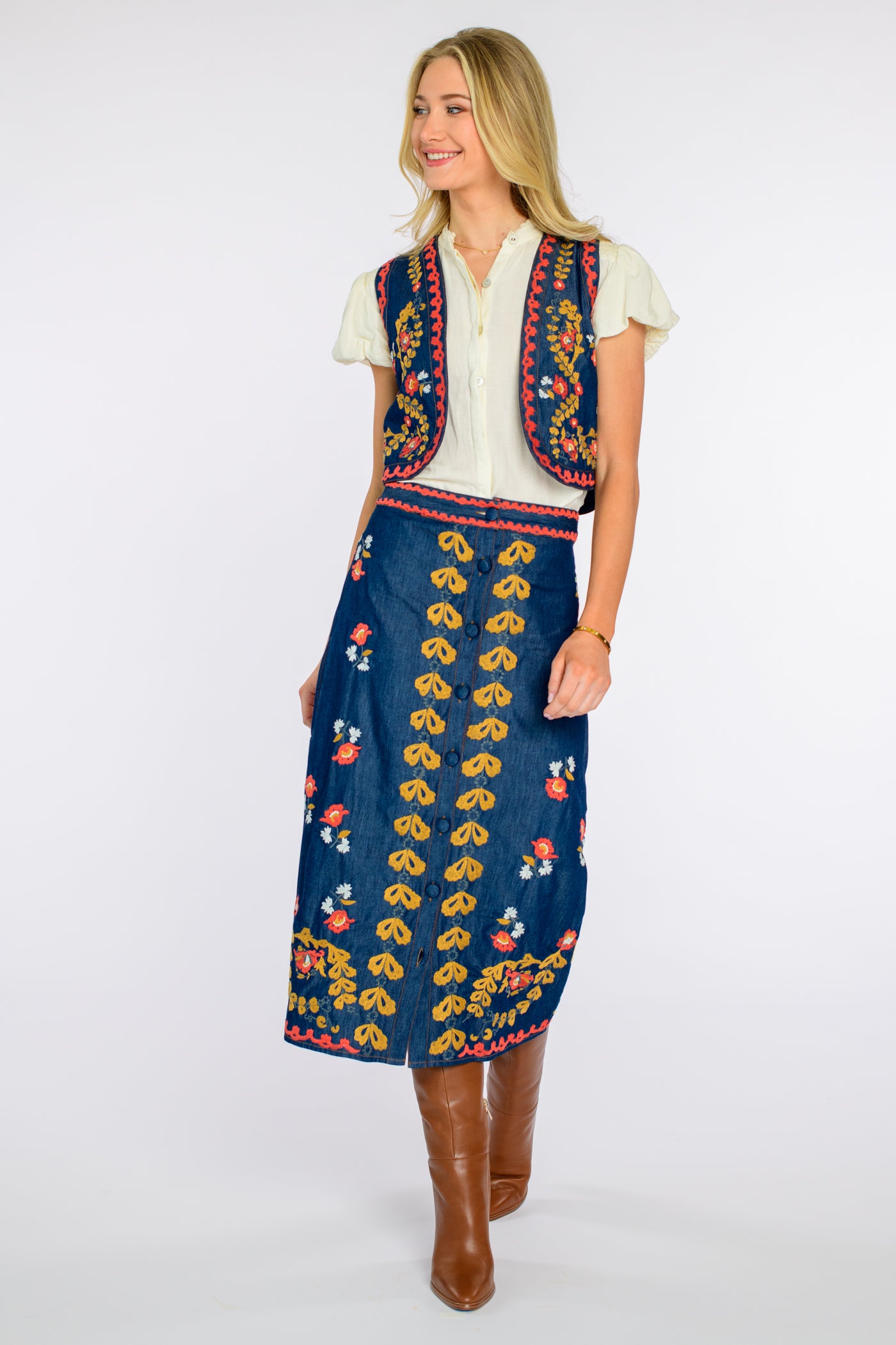Kit Vest in Denim Embroidery