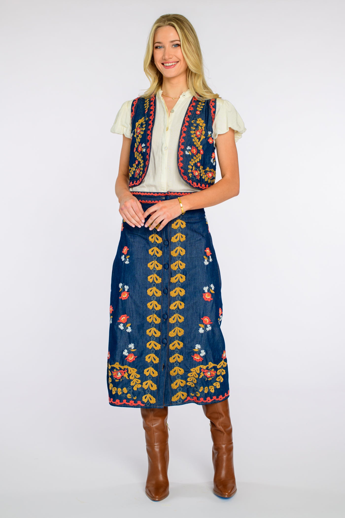 Frannie Skirt in Denim Embroidery