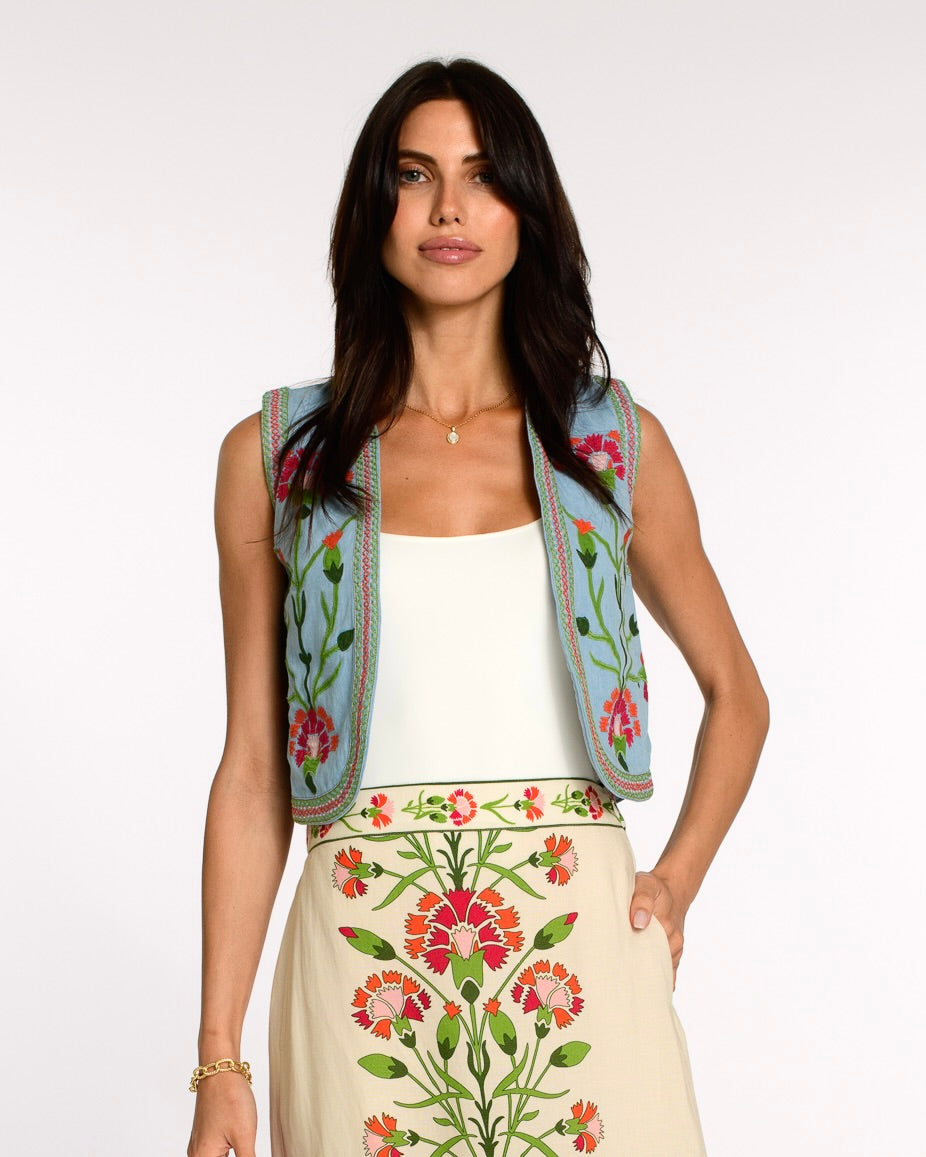 Kit Vest in Indian Flower Chambray