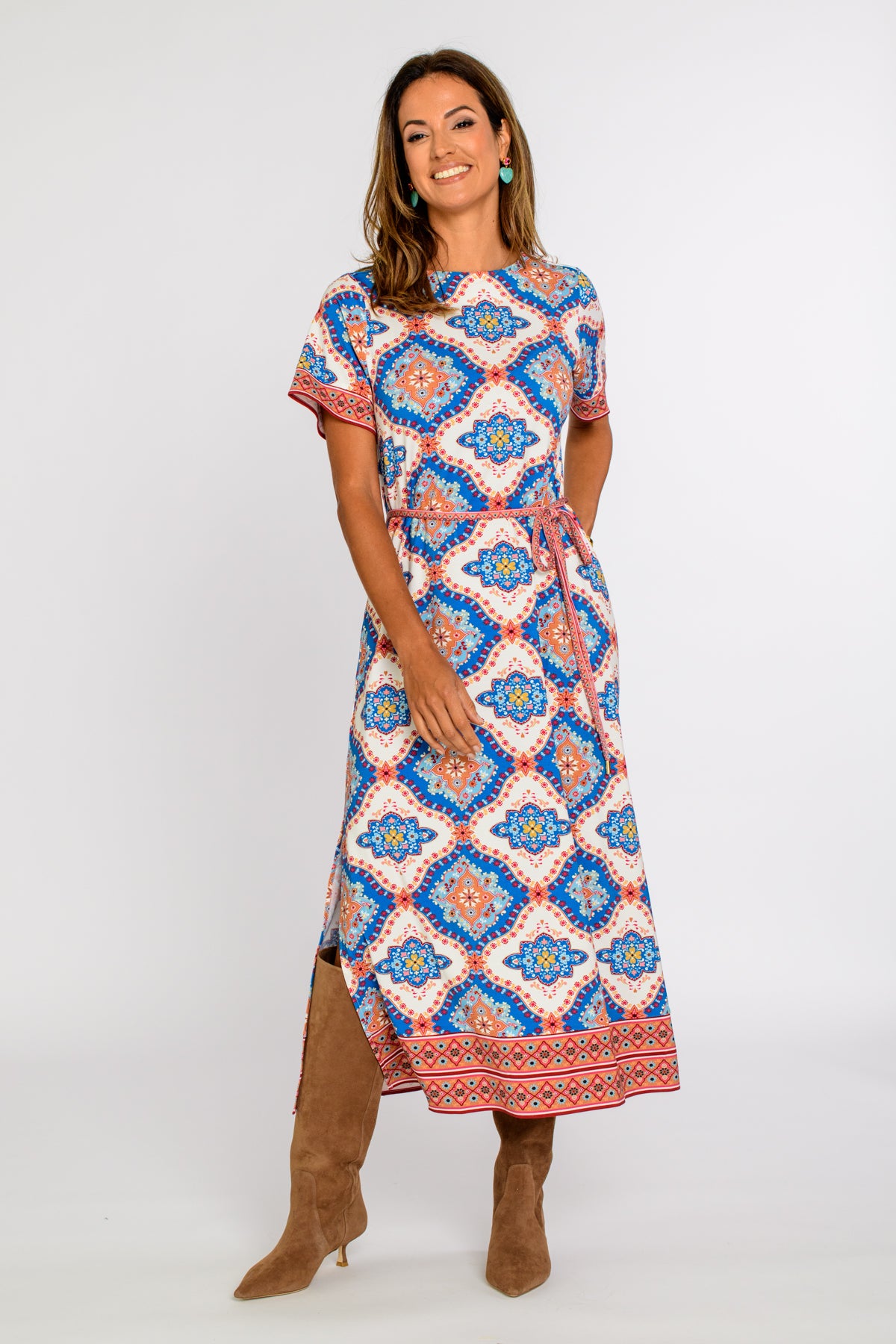 midi patchwork dress Orange Multi Patchwork Print Piping Detail Belt Midi Dress *FINAL SALE SSYS