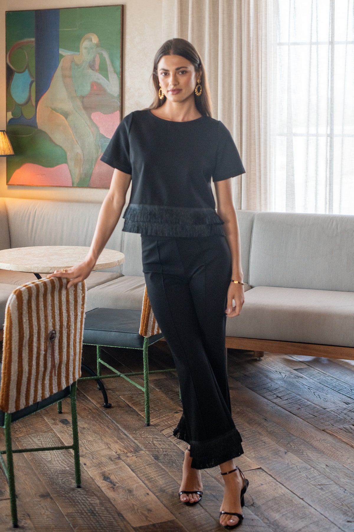 Tess Tee in Black with Fringe Trim