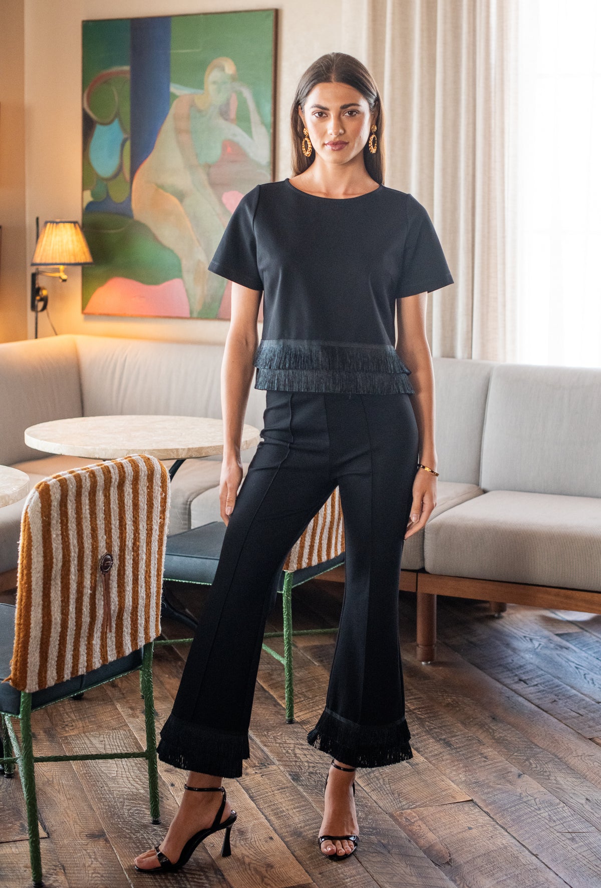 Jojo Pants in Black with Fringe Trim