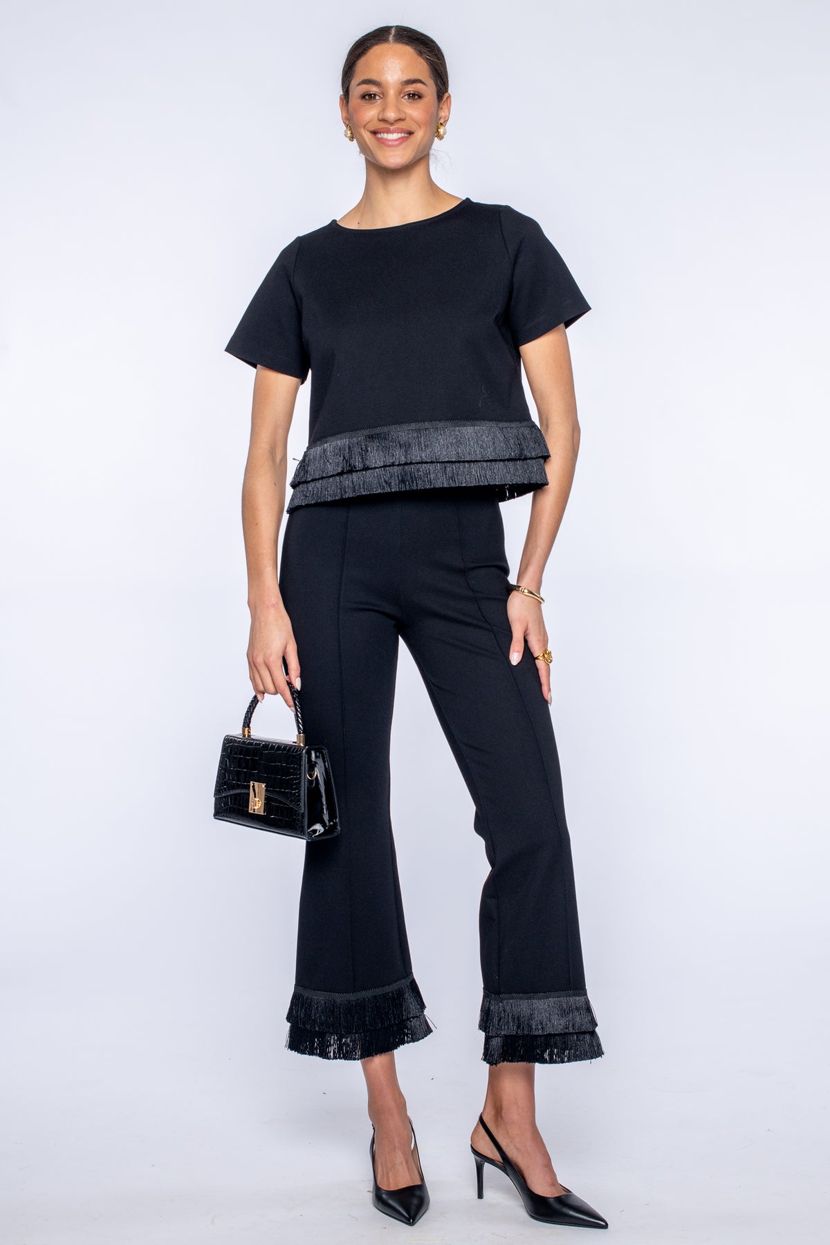 Tess Tee in Black with Fringe Trim