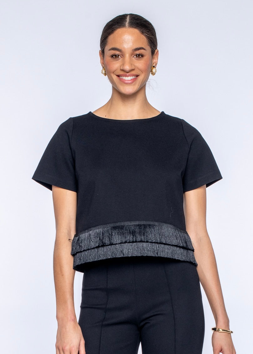 Tess Tee in Black with Fringe Trim